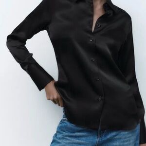 Zara Black Satin Button-Down Shirt XS/S NWOT